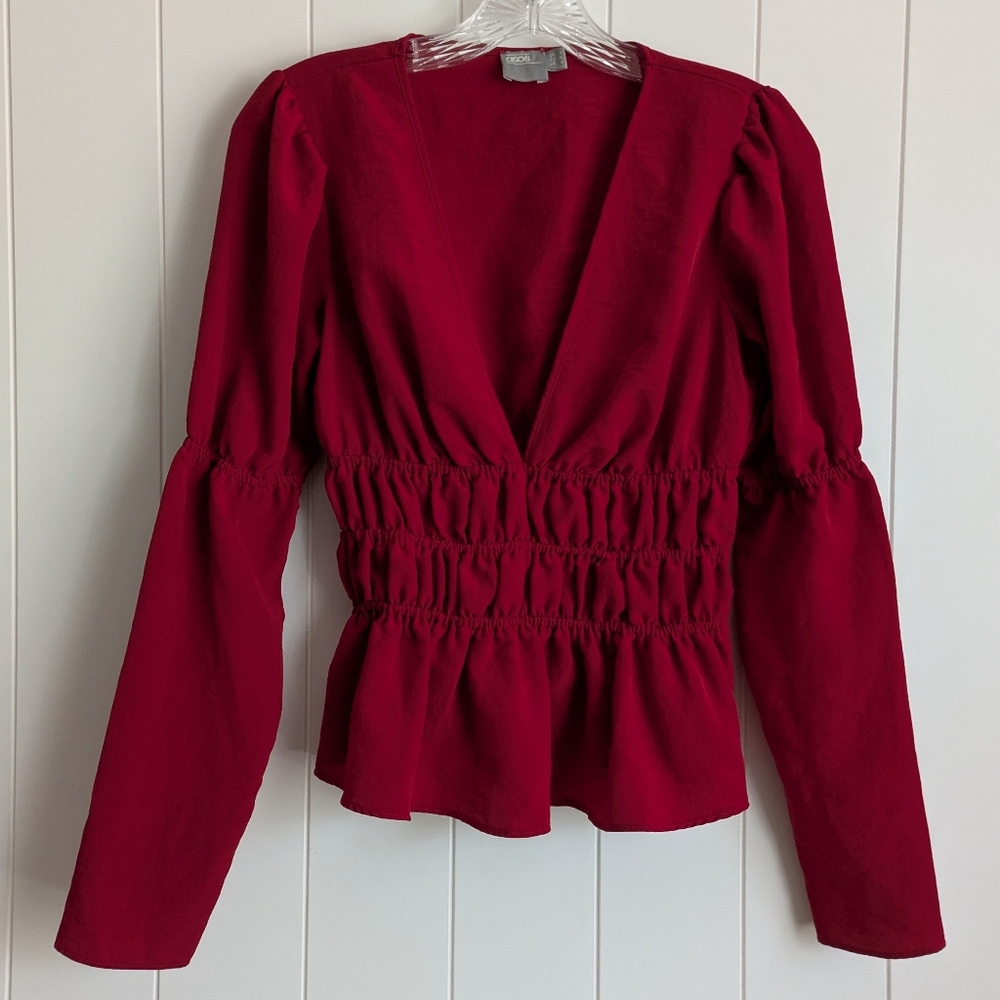ASOS Red Deep Plunge Peplum Top, Size 4 Long Sleeve, Ruching Waist, V Neck - Picture 8 of 11